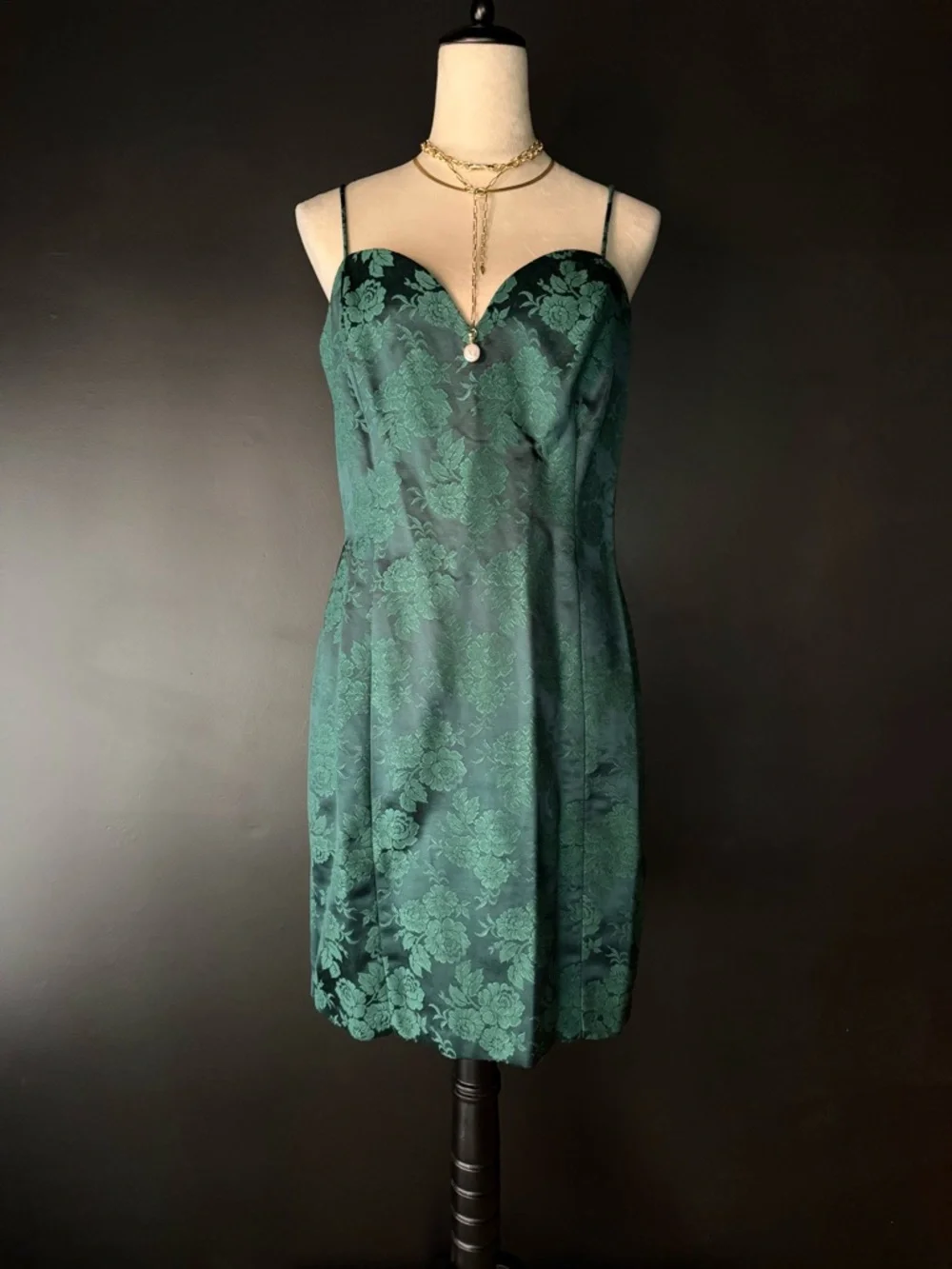 Function & Fringe Edit | Vintage Emerald Jacquard Mini Dress Sweetheart Slip